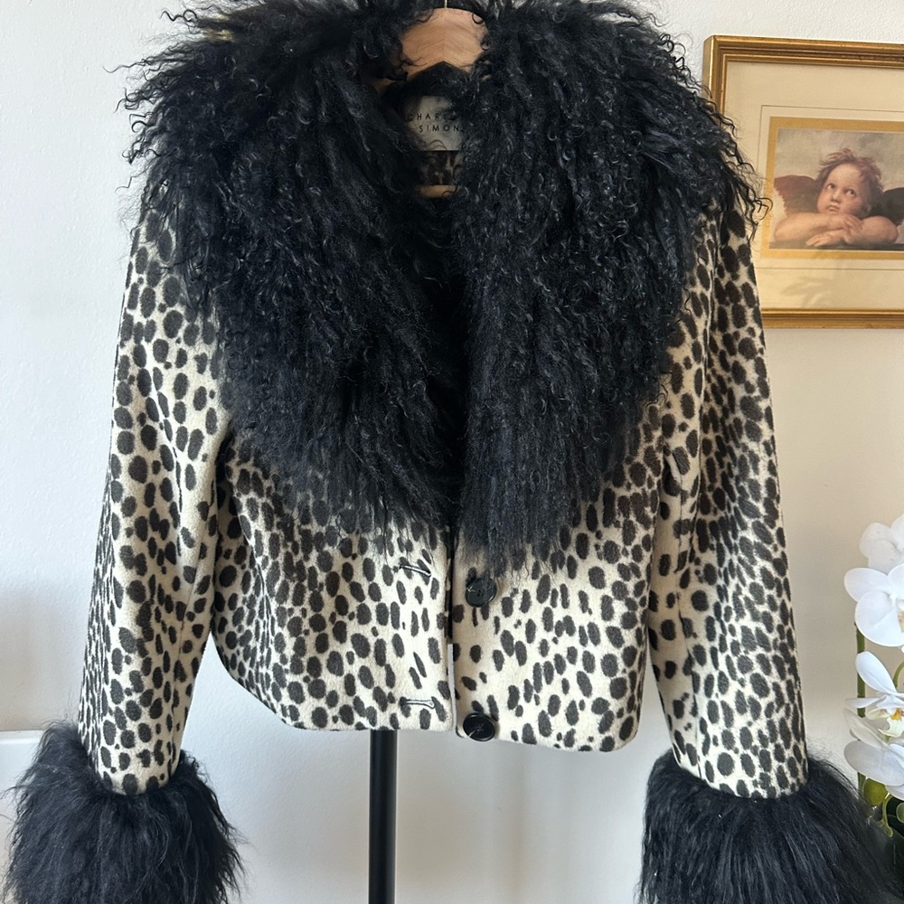 Leopard Print Teddy Jacket with Black Fur Trim